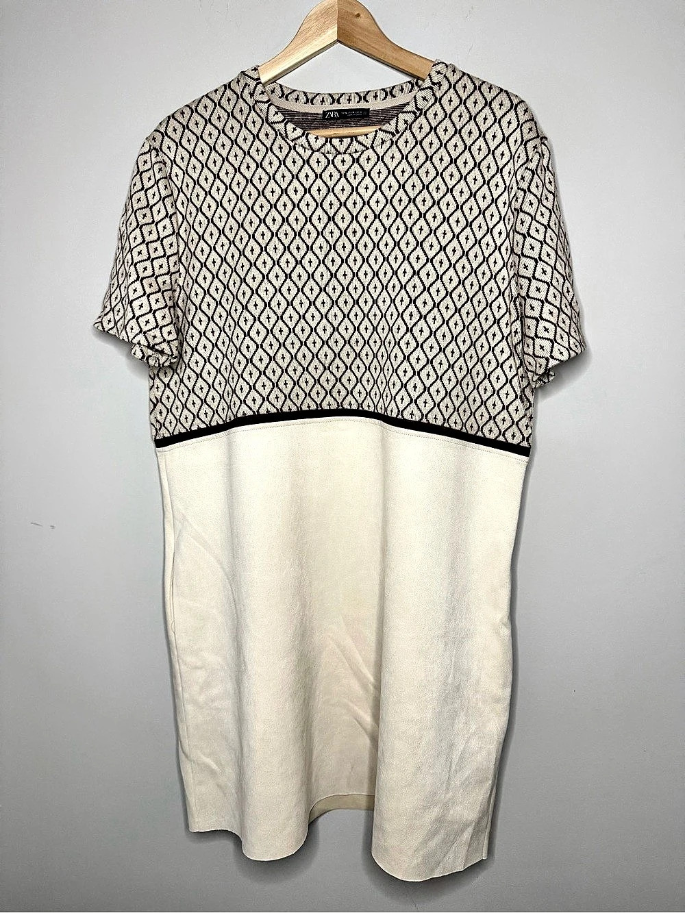 Zara Combination Jacquard Geometric Mini Dress in Cream & Brown EUC